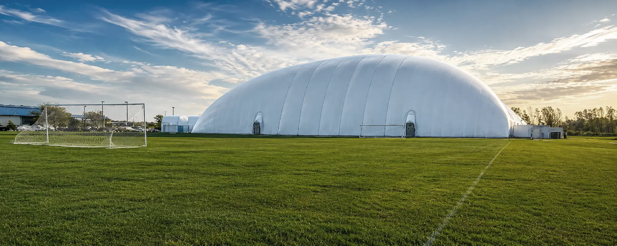 Rossford Dome exterior beyond an outdoor soccer field